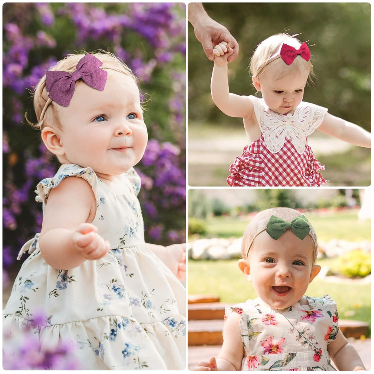 Three-panel collage showing babies wearing bow headbands: left panel features a purple bow on a cream floral dress, top right shows a red bow with gingham outfit, bottom right displays a green bow with floral top.