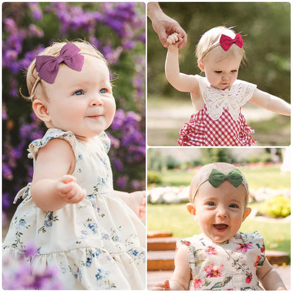 Three-panel collage showing babies wearing bow headbands: left panel features a purple bow on a cream floral dress, top right shows a red bow with gingham outfit, bottom right displays a green bow with floral top.