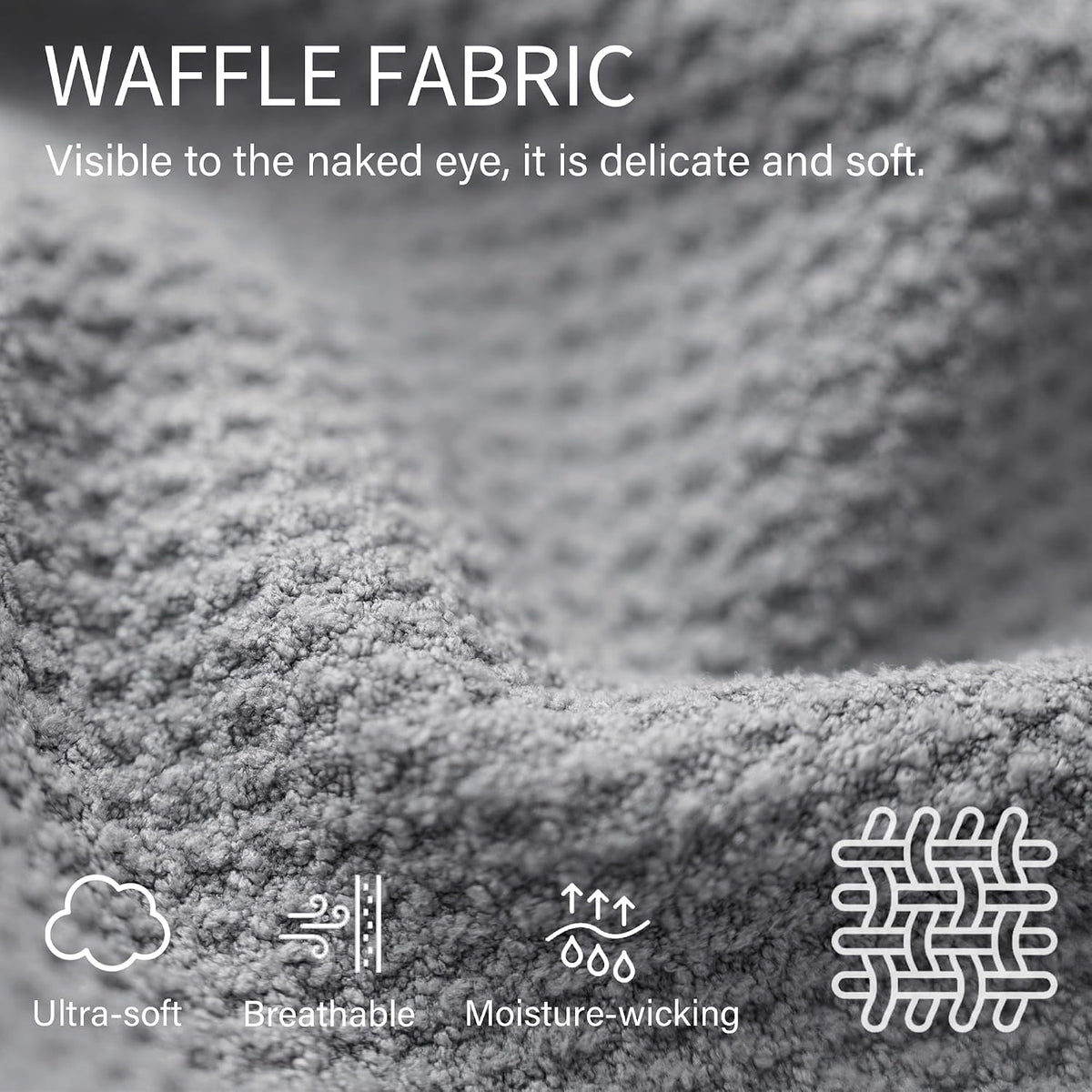 Close-up of gray waffle-textured fabric with white text reading 'WAFFLE FABRIC - Visible to the naked eye, it is delicate and soft.' Icons below label the material as ultra-soft, breathable, and moisture-wicking.