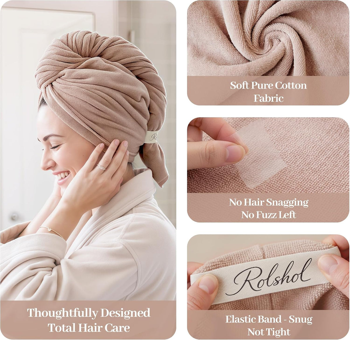 Rolshol cotton hair towel wrap shown in use as a turban on a smiling woman in a white robe. Three detail panels highlight the soft cotton fabric texture, smooth no-snag surface, and branded elastic band labeled 'Rolshol'.