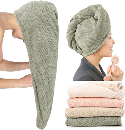 Hair turban towel shown in three views: hands stretching the sage green textured wrap, a woman wearing it twisted on her head, and a stack of four folded towels in cream, pink, tan, and sage green, each with a button closure.