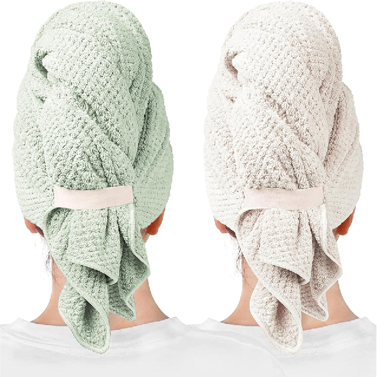 Two hair towel wraps shown from behind on a person: one in soft green and one in light beige/gray. Both feature a textured waffle-like fabric, a securing band at the back, and draped fabric hanging down.