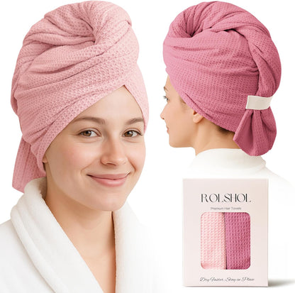 ROLSHOL waffle-texture hair towel wraps in dusty pink, shown on a woman from front and side views with towel twisted on head. Packaging box below reads 'ROLSHOL Premium Hair Towels' and 'Dry Faster, Stay in Place.'