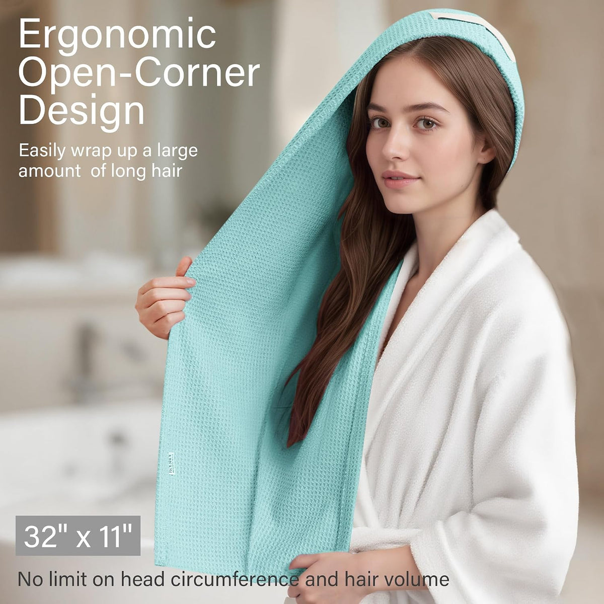 Teal waffle-weave hair towel wrap draped over a woman's long hair, worn with a white robe in a bathroom setting. Text reads 'Ergonomic Open-Corner Design' and dimensions 32" x 11".