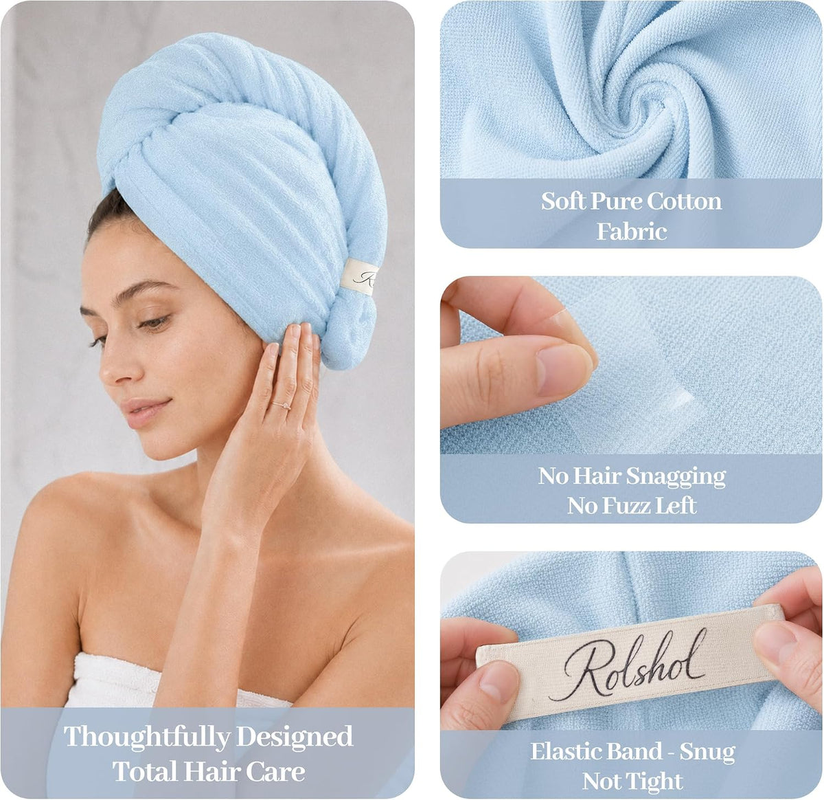 Light blue cotton hair towel wrap shown on a woman's head, with three close-up panels highlighting the soft cotton fabric texture, snag-free surface, and an elastic band labeled 'Rolshol'. Text reads 'Thoughtfully Designed Total Hair Care'.