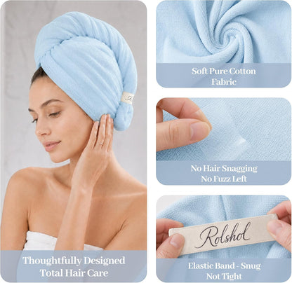 Light blue cotton hair towel wrap shown on a woman's head, with three close-up panels highlighting the soft cotton fabric texture, snag-free surface, and an elastic band labeled 'Rolshol'. Text reads 'Thoughtfully Designed Total Hair Care'.