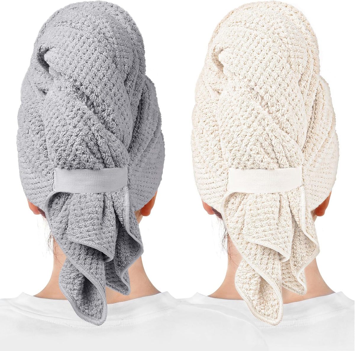 Two hair towel wraps shown from behind on models: one gray and one cream/beige. Both feature a waffle-knit texture, elastic band closure at the back, and a loose draping tail. White background.