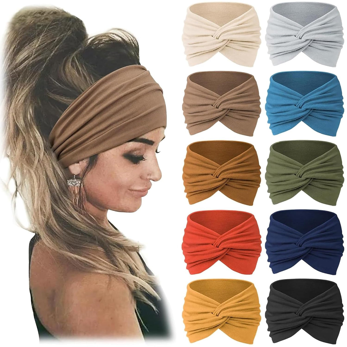 Jesries 10 PCS Extra Wide Turban Headbands for Women, Non-Slip Head Bands | Soft Stretch Fabric, African Turban Style, Boho Head Wrap, Hair band for Yoga, Workout, Daily Wear &amp; Travel (Caramel)