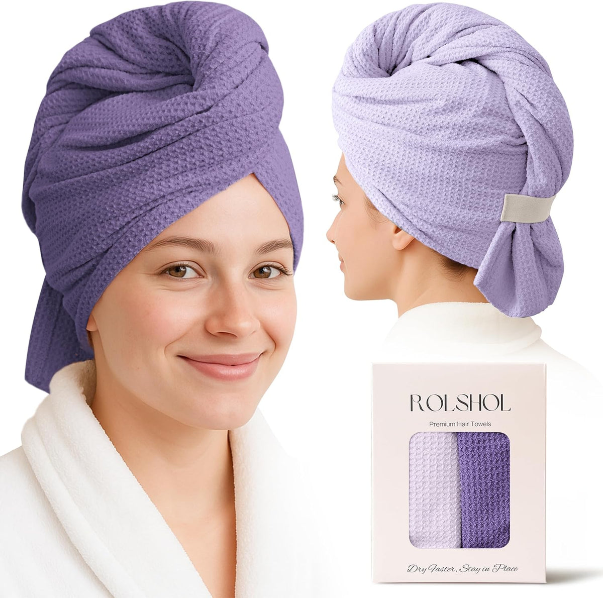 Two women wearing purple waffle-texture hair towel wraps, shown from front and side angles. A product box below reads 'ROLSHOL Premium Hair Towels' and 'Dry Faster, Stay in Place,' with two folded towels in light and dark purple visible inside.