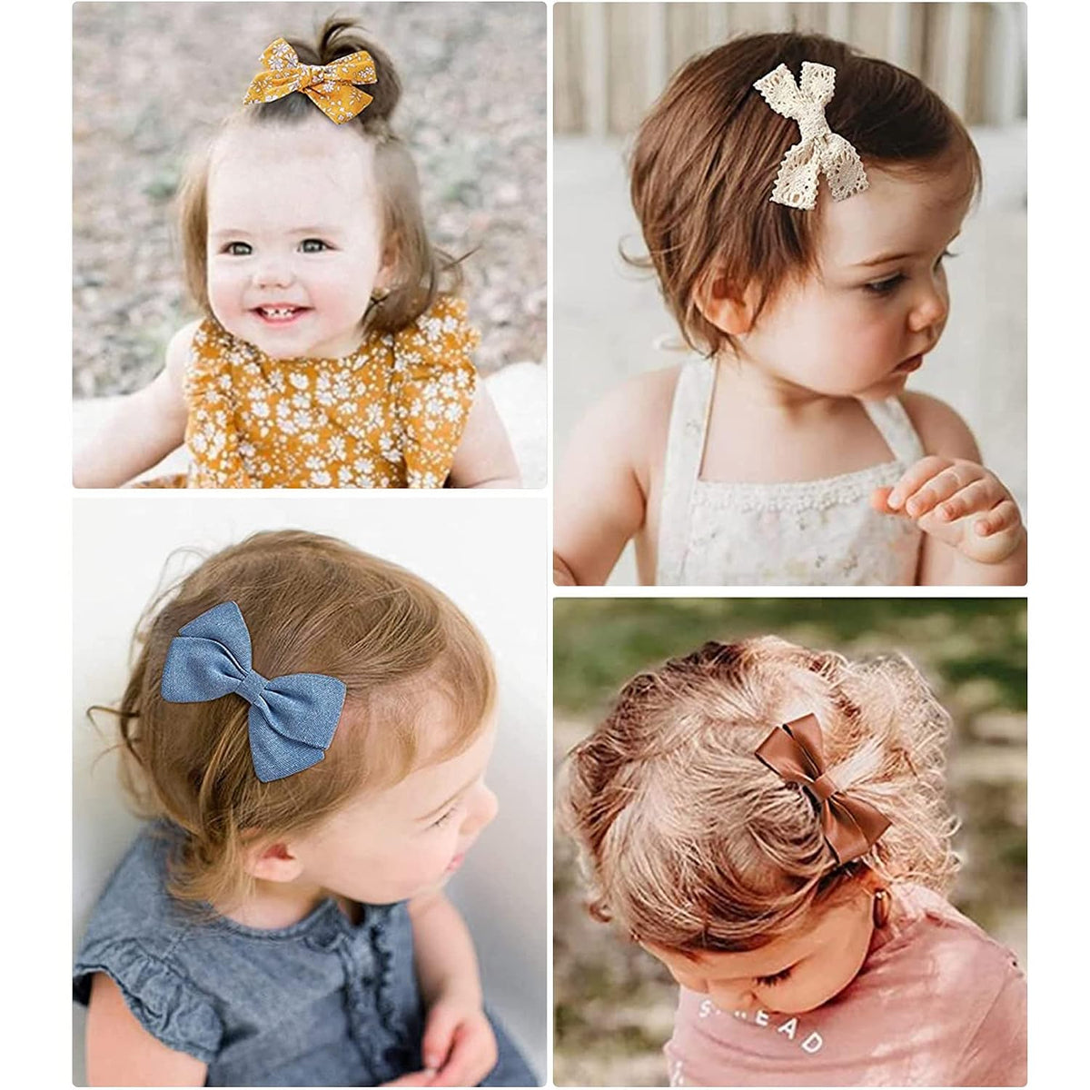 Four-panel lifestyle image showing toddlers wearing different bow hair clips: a yellow floral bow in a top knot, a cream lace bow clip, a blue denim bow barrette, and a brown satin bow clip.