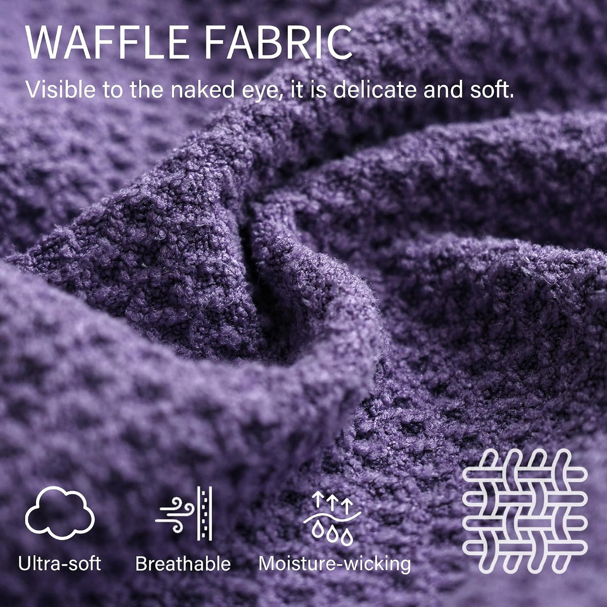 Close-up of purple waffle-textured fabric with overlaid text reading 'Waffle Fabric - Visible to the naked eye, it is delicate and soft.' Icons below highlight Ultra-soft, Breathable, and Moisture-wicking properties.