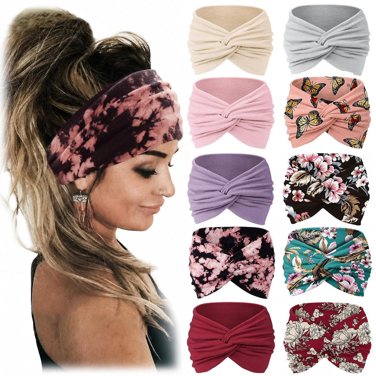 Jesries 10 PCS Extra Wide Turban Headbands for Women, Non-Slip Head Bands | Soft Stretch Fabric, African Turban Style, Boho Head Wrap, Hair band for Yoga, Workout, Daily Wear &amp; Travel (Berry Pink)