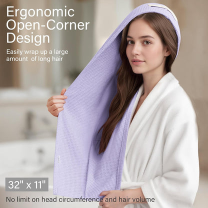 Light purple waffle-weave hair towel wrap shown draped over a woman's long hair, with a matching headband. Text reads 'Ergonomic Open-Corner Design' and dimensions 32" x 11".