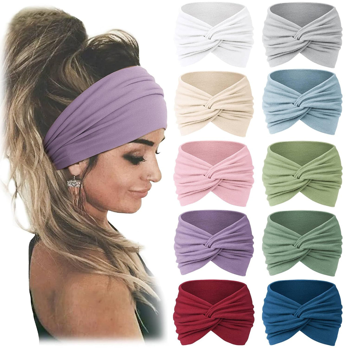 Jesries 10 PCS Extra Wide Turban Headbands for Women, Non-Slip Head Bands | Soft Stretch Fabric, African Turban Style, Boho Head Wrap, Hair band for Yoga, Workout, Daily Wear &amp; Travel (purple)