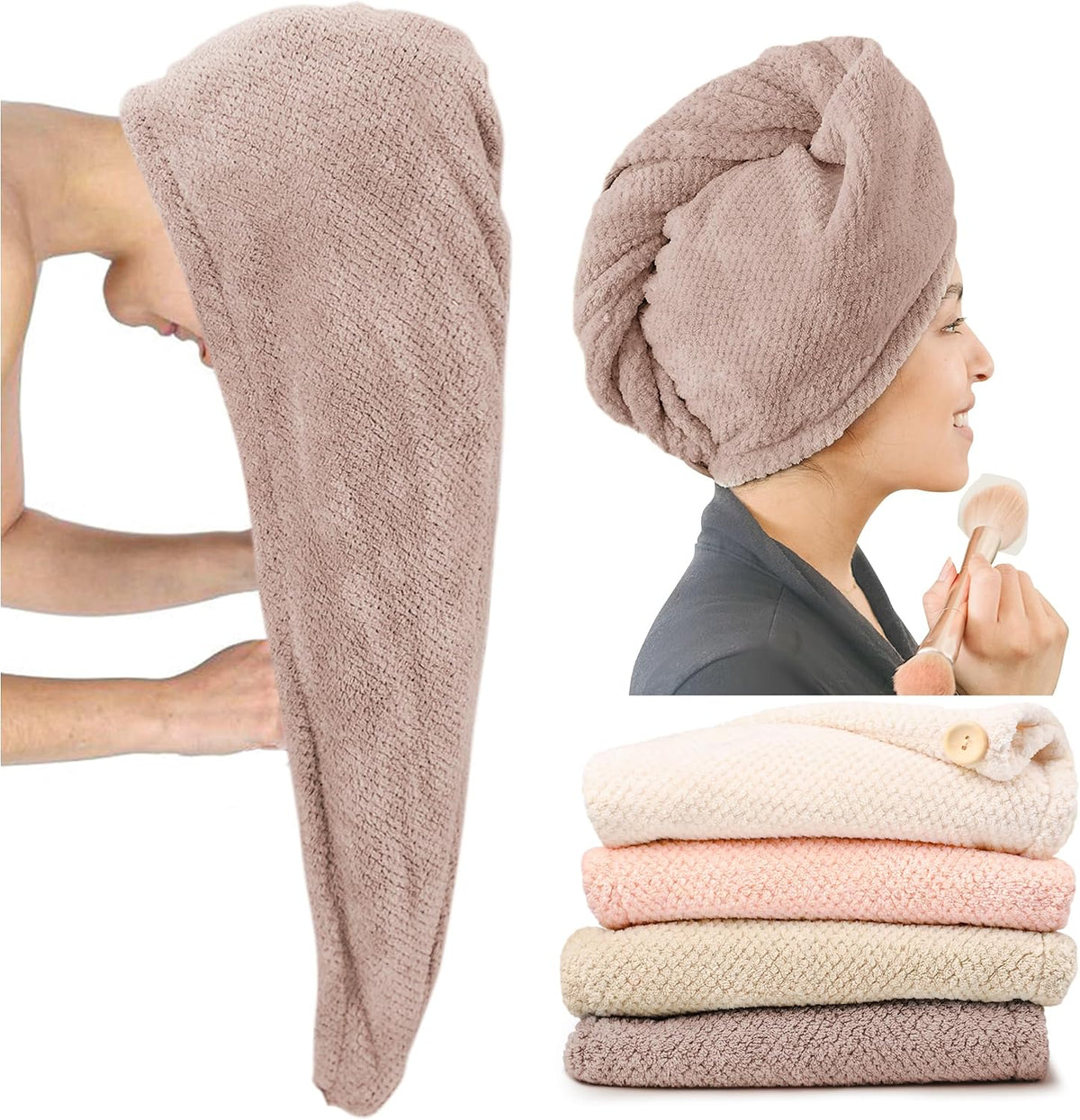 Microfiber hair towel wrap shown in three views: a hand holding the elongated taupe towel flat, a woman wearing it twisted on her head while applying makeup, and a stack of four folded towels in cream, pink, light pink, and taupe.