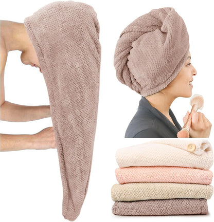 Microfiber hair towel wrap shown in three views: a hand holding the elongated taupe towel flat, a woman wearing it twisted on her head while applying makeup, and a stack of four folded towels in cream, pink, light pink, and taupe.