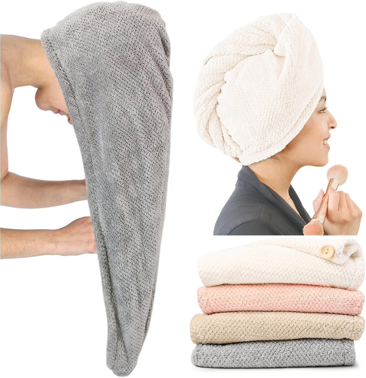Microfiber hair towel wraps shown in three views: hands holding a gray towel, a woman wearing a cream wrap turban-style while applying makeup, and a stack of four folded towels in cream, pink, beige, and gray with a button closure visible.