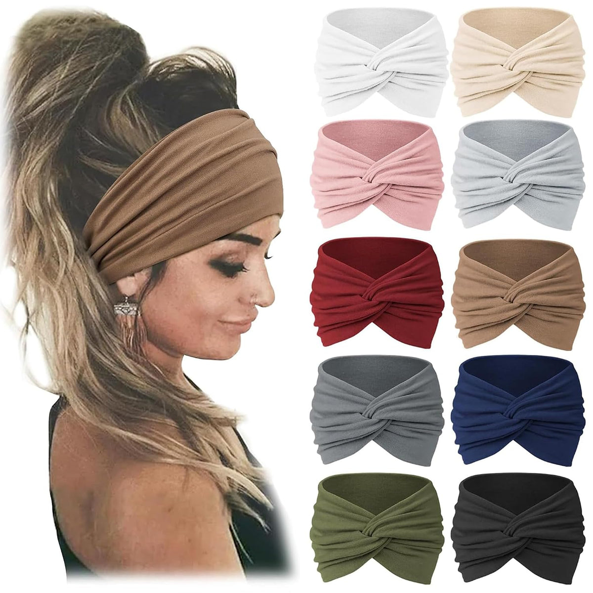 Jesries 10 PCS Extra Wide Turban Headbands for Women, Non-Slip Head Bands | Soft Stretch Fabric, African Turban Style, Boho Head Wrap, Hair band for Yoga, Workout, Daily Wear &amp; Travel (Brown)