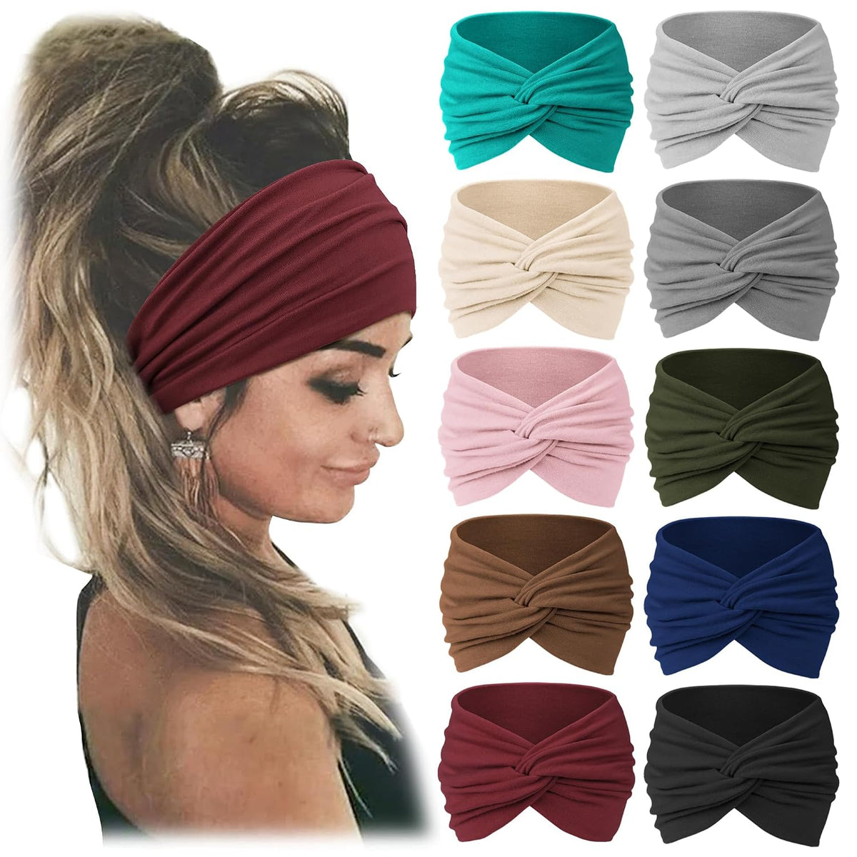Jesries 10 PCS Extra Wide Turban Headbands for Women, Non-Slip Head Bands | Soft Stretch Fabric, African Turban Style, Boho Head Wrap, Hair band for Yoga, Workout, Daily Wear &amp; Travel (Wine red)