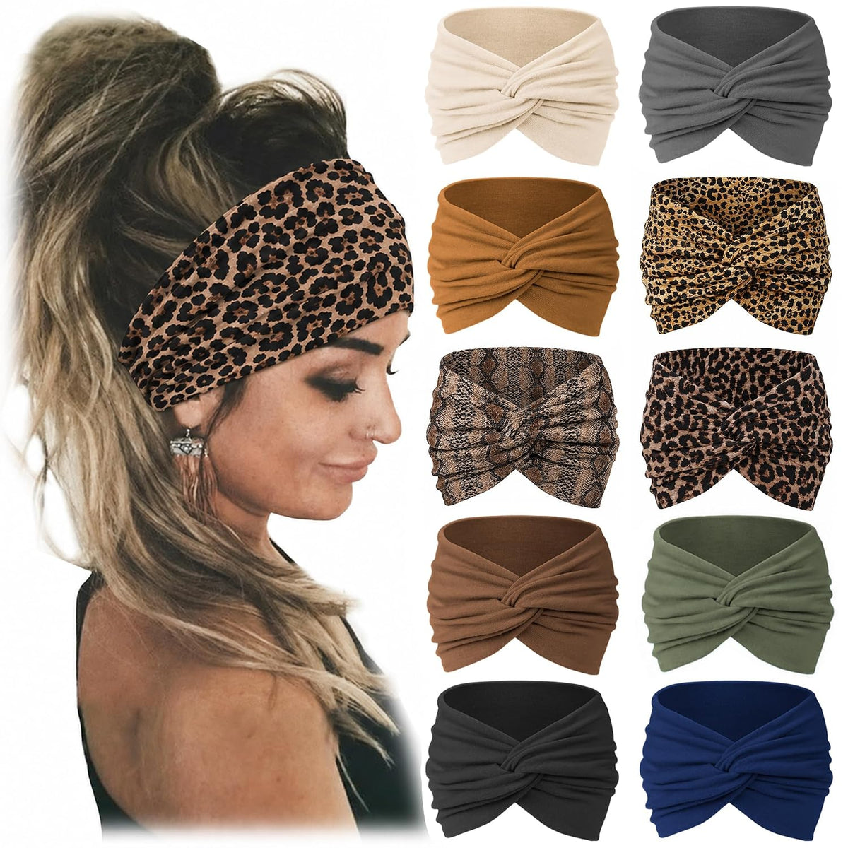Jesries 10 PCS Extra Wide Turban Headbands for Women, Non-Slip Head Bands | Soft Stretch Fabric, African Turban Style, Boho Head Wrap, Hair band for Yoga, Workout, Daily Wear &amp; Travel (Mocha)