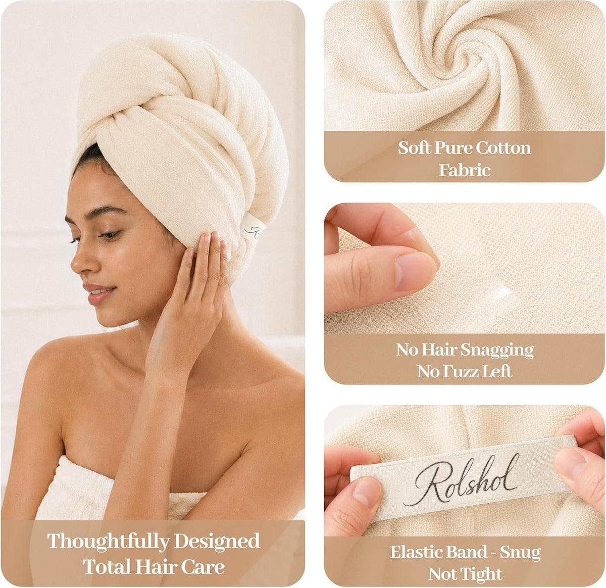 Rolshol cotton hair towel wrap shown in 4 panels: woman wearing cream turban wrap, close-up of textured cotton fabric, fingers pinching smooth fabric, and hand holding elastic band with 'Rolshol' label. Text highlights soft cotton, no snagging, and snug elastic band.
