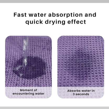 Two-panel infographic showing a purple waffle-weave fabric's water absorption. Left panel shows water droplet hitting the textured surface; right panel shows dry fabric. Text reads 'Fast water absorption and quick drying effect.'