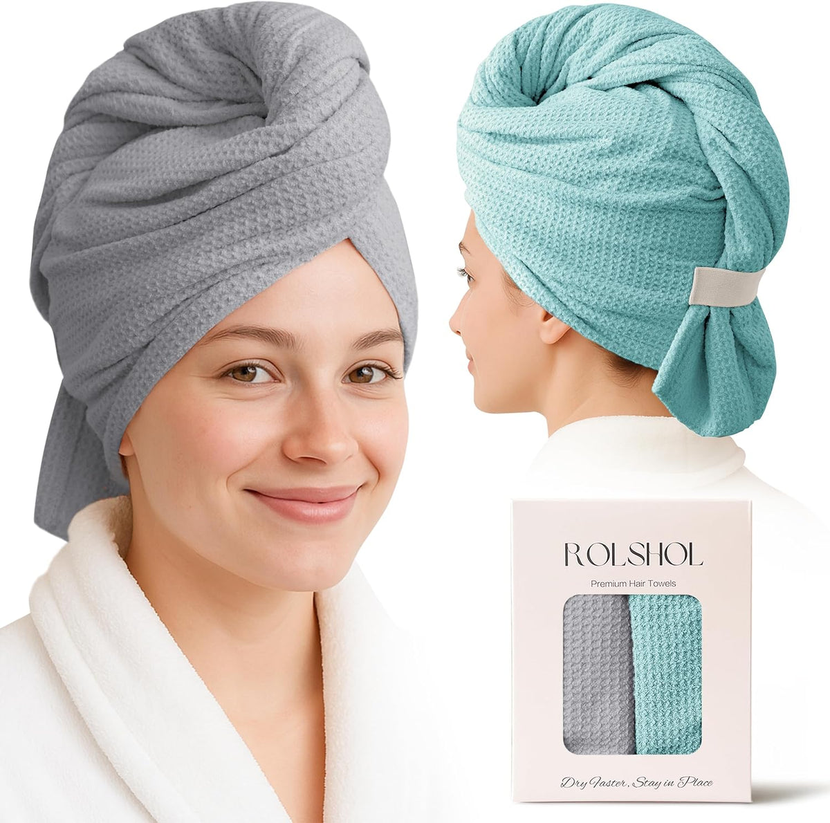 Two women wearing waffle-texture hair towel wraps: one facing forward in gray, one shown from behind in teal/cyan. A product box below reads 'ROLSHOL Premium Hair Towels - Dry Faster, Stay in Place' showing both colors folded inside.