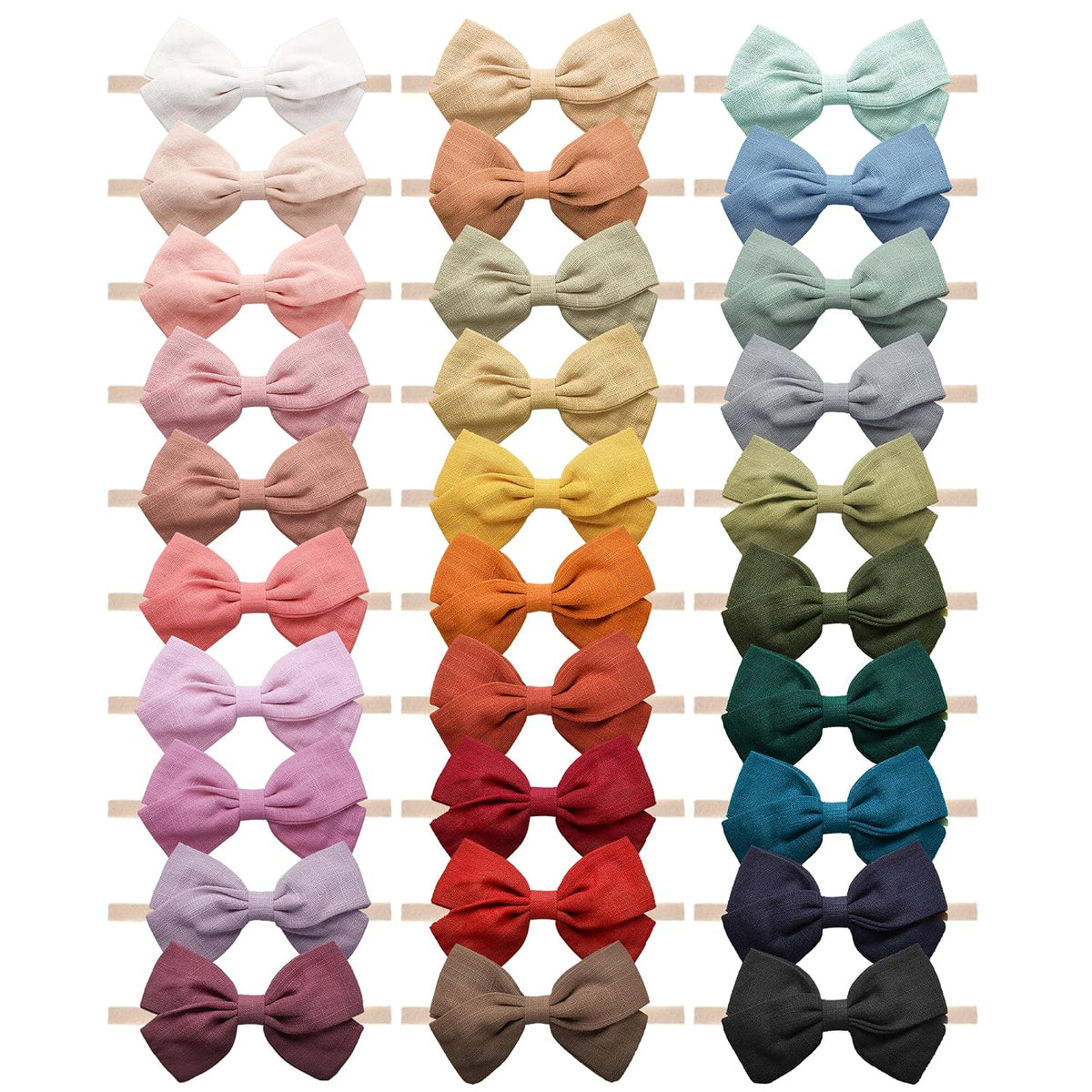 30 fabric hair bows on nylon headbands arranged in 3 columns of 10, showing a full color range from white, pink, and coral on the left to yellows and oranges in the center to blues, greens, and teals on the right.
